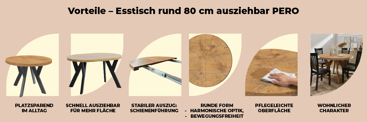 Infografik zeigt Vorteile des ausziehbaren Pero Tisches 80 cm – platzsparend, stabil und flexibel einsetzbar