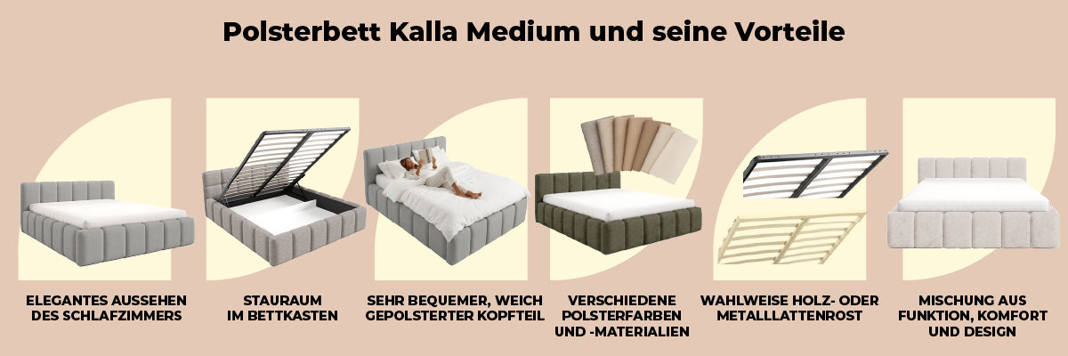 Polsterbett KALLA Medium 140x200 mit Bettkasten – Vorteile wie Stauraum, Komfort und hochwertige Polsterung