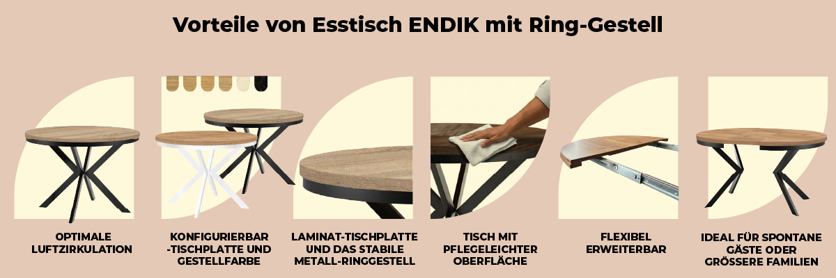 Infografik Esstisch ENDIK – ausziehbar, Loft Design mit Ring-Gestell und robuster Laminat-Tischplatte