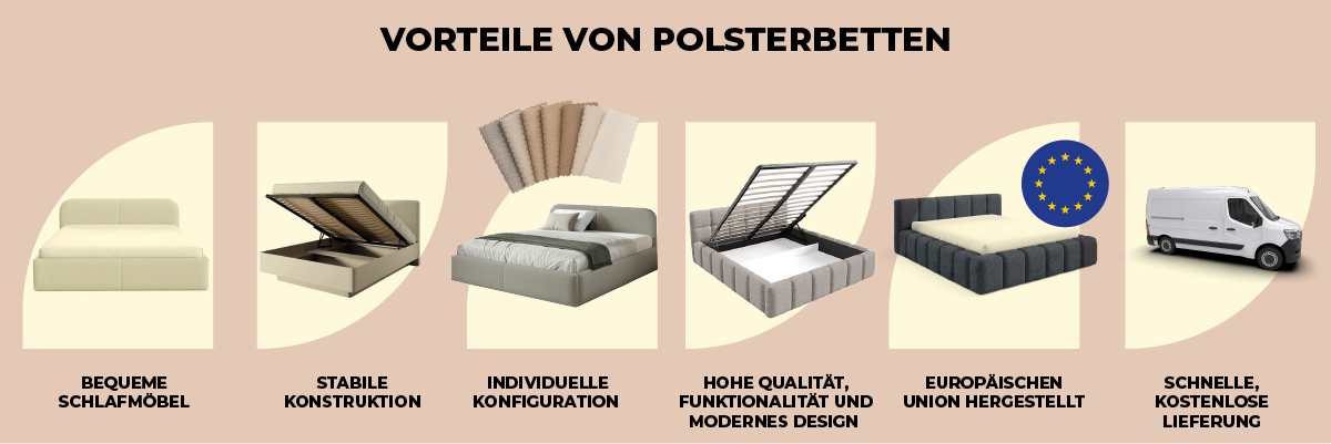 Vorteile von Polsterbetten – komfortable, gepolsterte Rahmen für besseren Schlaf.